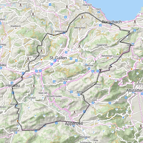 Map miniature of "Short and Scenic Road Cycling Route via Goldach and Trogen" cycling inspiration in Ostschweiz, Switzerland. Generated by Tarmacs.app cycling route planner
