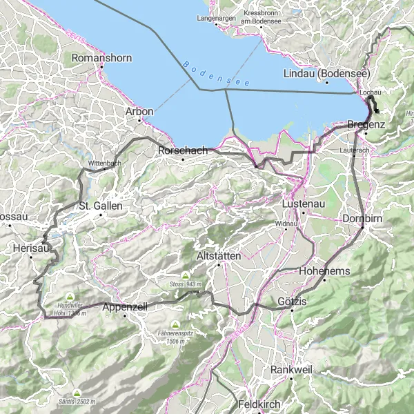 Karttaminiaatyyri "Kulttuurimatka Appenzelliin ja Bregenziin" pyöräilyinspiraatiosta alueella Ostschweiz, Switzerland. Luotu Tarmacs.app pyöräilyreittisuunnittelijalla