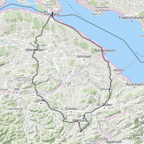 Miniatuurkaart van de fietsinspiratie "Tour de Bodensee" in Ostschweiz, Switzerland. Gemaakt door de Tarmacs.app fietsrouteplanner