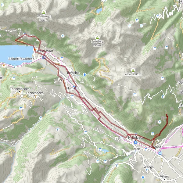 Miniatura della mappa di ispirazione al ciclismo "Avventura in bicicletta tra Flums e Sargans" nella regione di Ostschweiz, Switzerland. Generata da Tarmacs.app, pianificatore di rotte ciclistiche