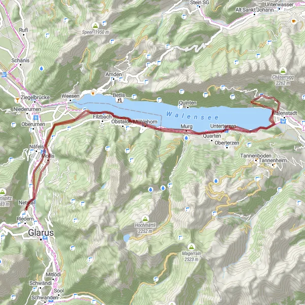 Kartminiatyr av "Walensee - Näfels Gravel Route" sykkelinspirasjon i Ostschweiz, Switzerland. Generert av Tarmacs.app sykkelrutoplanlegger