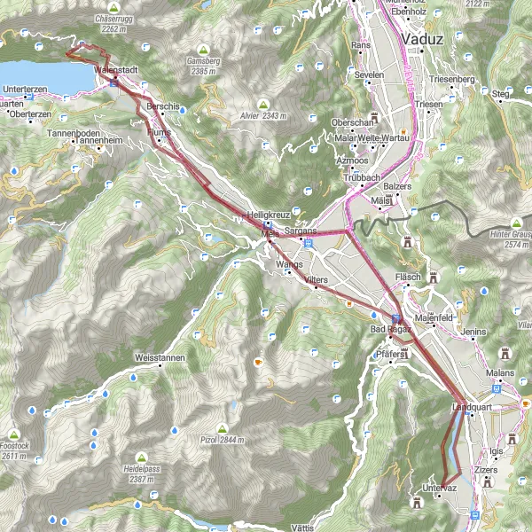 Mapa miniatúra "Gravelová jazda cez Ellhorn a Bad Ragaz" cyklistická inšpirácia v Ostschweiz, Switzerland. Vygenerované cyklistickým plánovačom trás Tarmacs.app