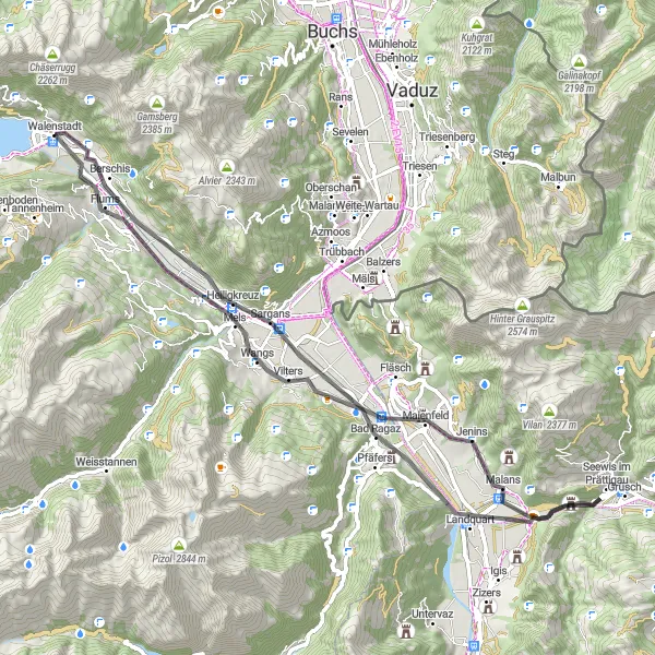 Map miniature of "The Rhine Valley Loop" cycling inspiration in Ostschweiz, Switzerland. Generated by Tarmacs.app cycling route planner
