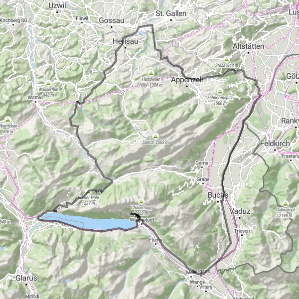 Miniatua del mapa de inspiración ciclista "Ruta de ciclismo de carretera a Appenzell" en Ostschweiz, Switzerland. Generado por Tarmacs.app planificador de rutas ciclistas