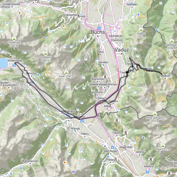 Karttaminiaatyyri "Historialliset nähtävyydet ja vuoristomaisemat" pyöräilyinspiraatiosta alueella Ostschweiz, Switzerland. Luotu Tarmacs.app pyöräilyreittisuunnittelijalla