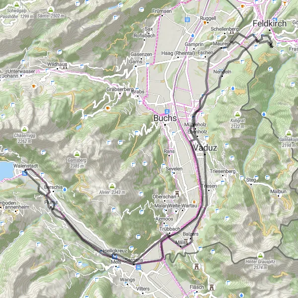 Karttaminiaatyyri "Vaduzin linna ja Alppien näkymät" pyöräilyinspiraatiosta alueella Ostschweiz, Switzerland. Luotu Tarmacs.app pyöräilyreittisuunnittelijalla