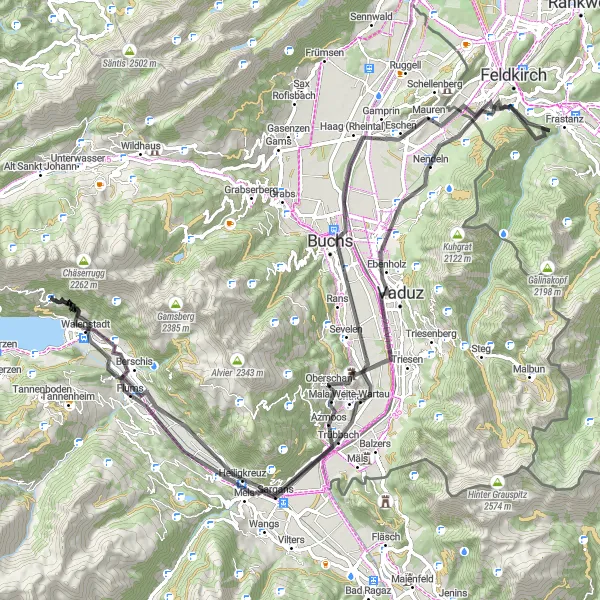 Map miniature of "Panoramic Road Cycling in Walenstadt" cycling inspiration in Ostschweiz, Switzerland. Generated by Tarmacs.app cycling route planner