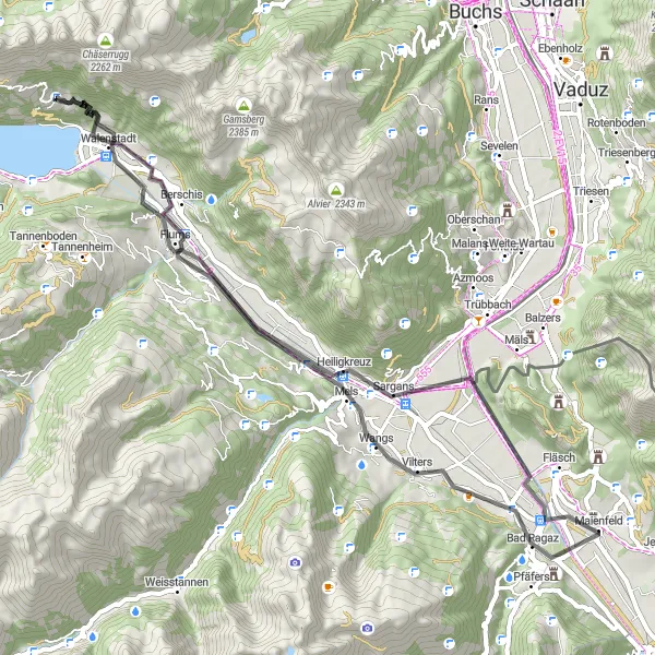 Karttaminiaatyyri "Maantiepyöräreitti historiallisilla kohteilla" pyöräilyinspiraatiosta alueella Ostschweiz, Switzerland. Luotu Tarmacs.app pyöräilyreittisuunnittelijalla