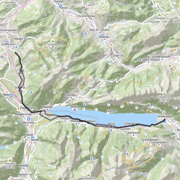 Karttaminiaatyyri "Alppien vuoristomaisemat ja vesiputoukset" pyöräilyinspiraatiosta alueella Ostschweiz, Switzerland. Luotu Tarmacs.app pyöräilyreittisuunnittelijalla