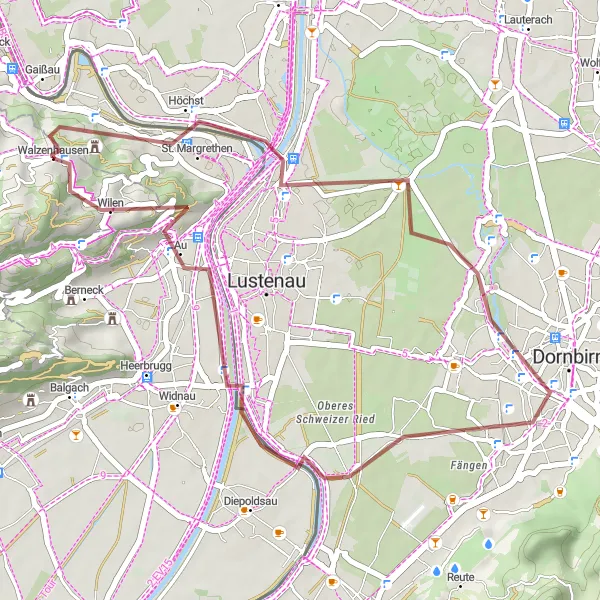 Karttaminiaatyyri "Walzenhausen - St. Margrethen - Dornbirn - Au Loop" pyöräilyinspiraatiosta alueella Ostschweiz, Switzerland. Luotu Tarmacs.app pyöräilyreittisuunnittelijalla