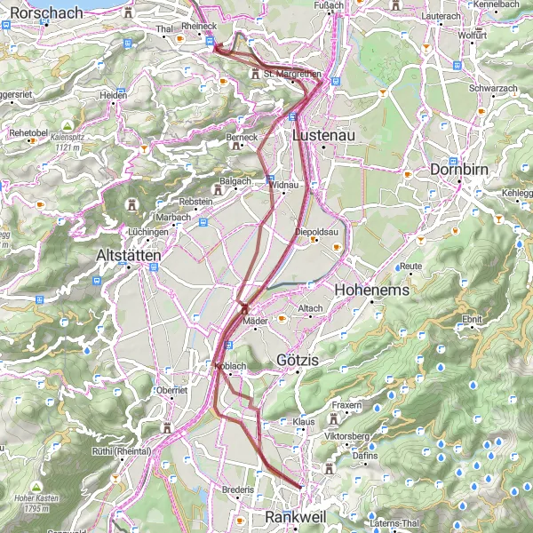 Karttaminiaatyyri "Walzenhausen - Höchst - Montlingen - Koblach Loop" pyöräilyinspiraatiosta alueella Ostschweiz, Switzerland. Luotu Tarmacs.app pyöräilyreittisuunnittelijalla