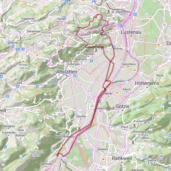 Miniaturní mapa "Výlet do Widnau, Blattenberg, Rüthi (Rheintal), Koblach, Kadel, Rebhüttli a Oberegg" inspirace pro cyklisty v oblasti Ostschweiz, Switzerland. Vytvořeno pomocí plánovače tras Tarmacs.app