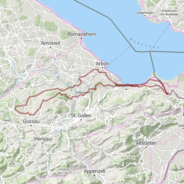 Map miniature of "Walzenhausen to Tübach and back (Gravel)" cycling inspiration in Ostschweiz, Switzerland. Generated by Tarmacs.app cycling route planner