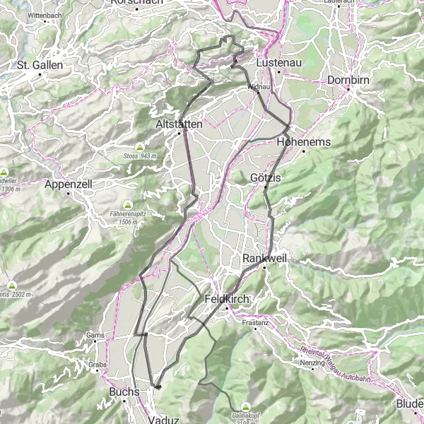 Map miniature of "Walzenhausen to Oberegg and back (Road)" cycling inspiration in Ostschweiz, Switzerland. Generated by Tarmacs.app cycling route planner