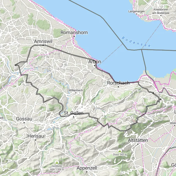 Miniatua del mapa de inspiración ciclista "Ruta en Carretera por Oberegg y Rheineck" en Ostschweiz, Switzerland. Generado por Tarmacs.app planificador de rutas ciclistas