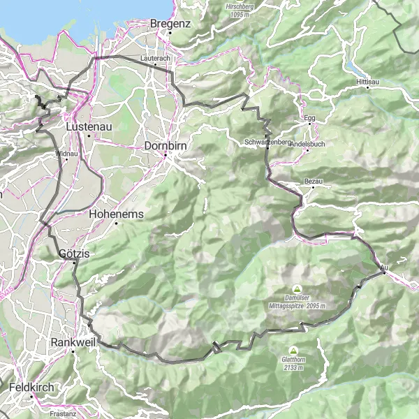 Miniatura della mappa di ispirazione al ciclismo "Tour su strada attraverso Hard e Furkajoch" nella regione di Ostschweiz, Switzerland. Generata da Tarmacs.app, pianificatore di rotte ciclistiche