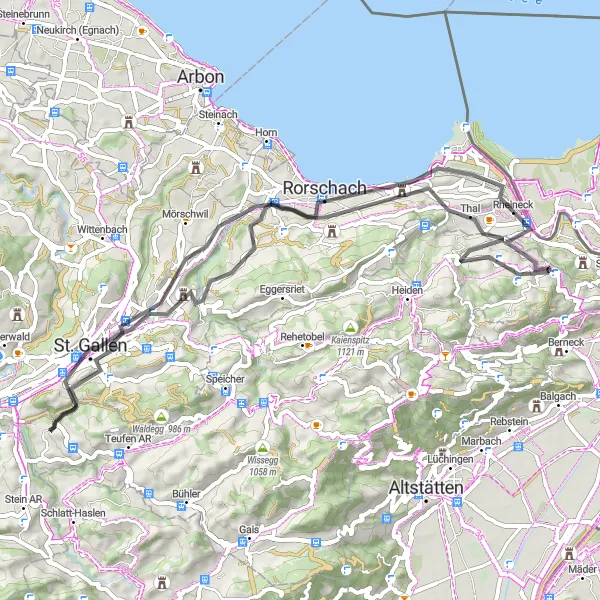 Miniatura della mappa di ispirazione al ciclismo "Giro in bicicletta da Walzenhausen" nella regione di Ostschweiz, Switzerland. Generata da Tarmacs.app, pianificatore di rotte ciclistiche