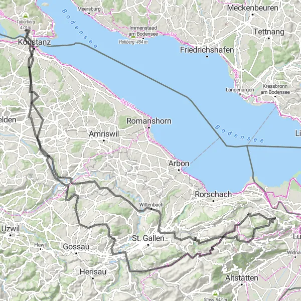 Kartminiatyr av "Alpeutforsking på sykkel" sykkelinspirasjon i Ostschweiz, Switzerland. Generert av Tarmacs.app sykkelrutoplanlegger