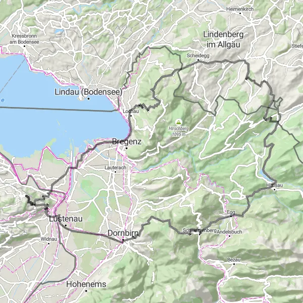 Miniatua del mapa de inspiración ciclista "Desafío ciclista desde Walzenhausen a Lustenau" en Ostschweiz, Switzerland. Generado por Tarmacs.app planificador de rutas ciclistas