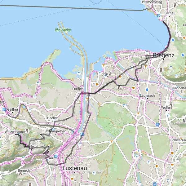Miniatura della mappa di ispirazione al ciclismo "Giro panoramico del Lago di Costanza" nella regione di Ostschweiz, Switzerland. Generata da Tarmacs.app, pianificatore di rotte ciclistiche