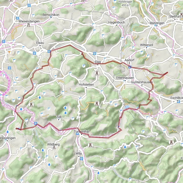 Miniatua del mapa de inspiración ciclista "Ruta de grava a través de Wängi y sus alrededores" en Ostschweiz, Switzerland. Generado por Tarmacs.app planificador de rutas ciclistas