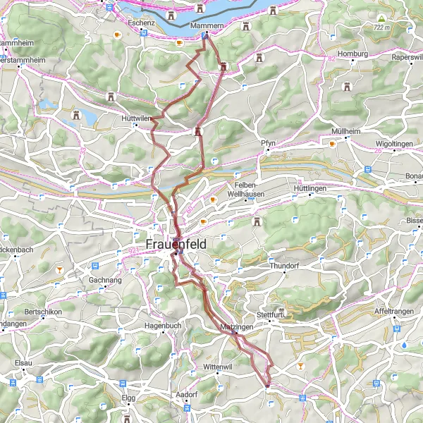 Zemljevid v pomanjšavi "Gravel adventure to Weiningen TG" kolesarske inspiracije v Ostschweiz, Switzerland. Generirano z načrtovalcem kolesarskih poti Tarmacs.app
