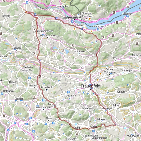 Mapa miniatúra "Gravelová trasa cez Schlattingen a Schloss Herdern" cyklistická inšpirácia v Ostschweiz, Switzerland. Vygenerované cyklistickým plánovačom trás Tarmacs.app