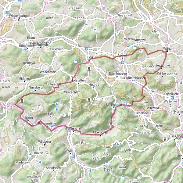 Miniatura della mappa di ispirazione al ciclismo "Cicloescursione tra Wängi e Wilhof" nella regione di Ostschweiz, Switzerland. Generata da Tarmacs.app, pianificatore di rotte ciclistiche