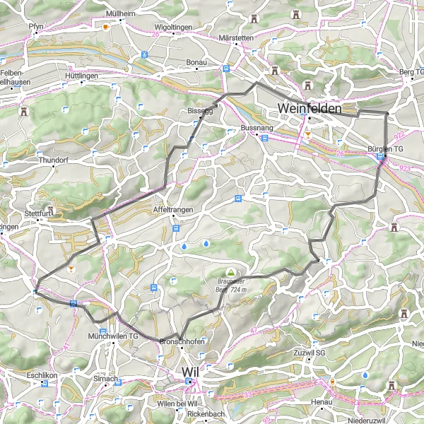 Mapa miniatúra "Cestná trasa cez Wängi" cyklistická inšpirácia v Ostschweiz, Switzerland. Vygenerované cyklistickým plánovačom trás Tarmacs.app