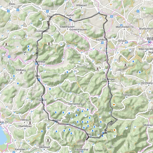 Miniatura della mappa di ispirazione al ciclismo "Giro in bicicletta da Wängi a Aadorf" nella regione di Ostschweiz, Switzerland. Generata da Tarmacs.app, pianificatore di rotte ciclistiche