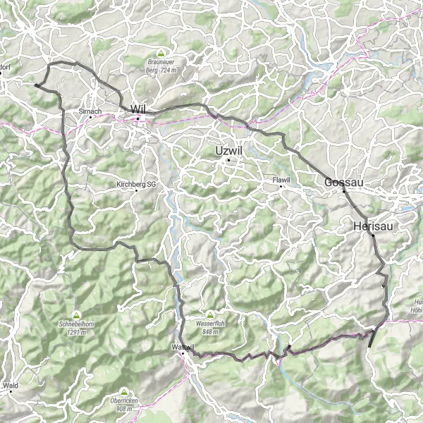 Miniatua del mapa de inspiración ciclista "Ruta de ciclismo de carretera a través de los paisajes de Wängi" en Ostschweiz, Switzerland. Generado por Tarmacs.app planificador de rutas ciclistas