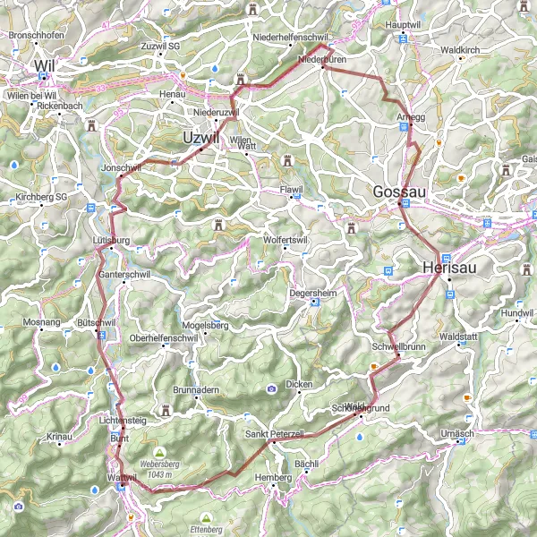 Kartminiatyr av "Lütisburg-Tüetlisberg Äventyr" cykelinspiration i Ostschweiz, Switzerland. Genererad av Tarmacs.app cykelruttplanerare