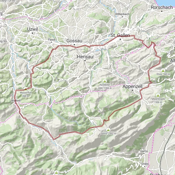 Map miniature of "Wattwil to Schwägalp Gravel Route" cycling inspiration in Ostschweiz, Switzerland. Generated by Tarmacs.app cycling route planner