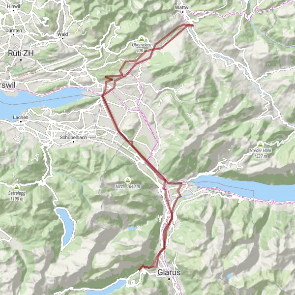 Map miniature of "Wattwil - Netstal - Näfels - Ernetschwil - Unterer Lindberg Loop" cycling inspiration in Ostschweiz, Switzerland. Generated by Tarmacs.app cycling route planner