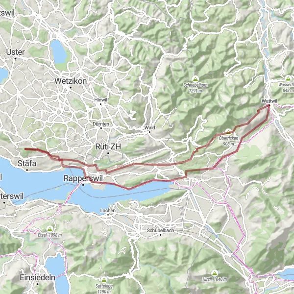 Miniatura della mappa di ispirazione al ciclismo "Percorso in Gravel a Rapperswil" nella regione di Ostschweiz, Switzerland. Generata da Tarmacs.app, pianificatore di rotte ciclistiche