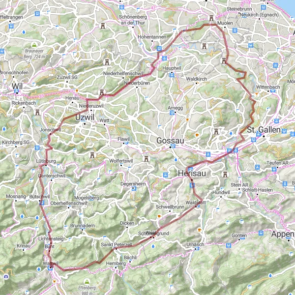 Miniaturní mapa "Gravelová trasa přes Lichtensteig a Herisau" inspirace pro cyklisty v oblasti Ostschweiz, Switzerland. Vytvořeno pomocí plánovače tras Tarmacs.app