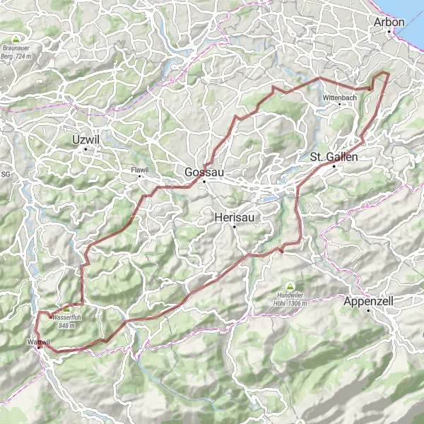 Karttaminiaatyyri "Wasserfluhin kierros" pyöräilyinspiraatiosta alueella Ostschweiz, Switzerland. Luotu Tarmacs.app pyöräilyreittisuunnittelijalla
