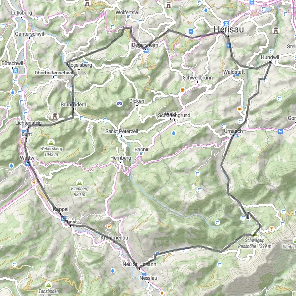 Map miniature of "Wattwil Loop via Mogelsberg" cycling inspiration in Ostschweiz, Switzerland. Generated by Tarmacs.app cycling route planner