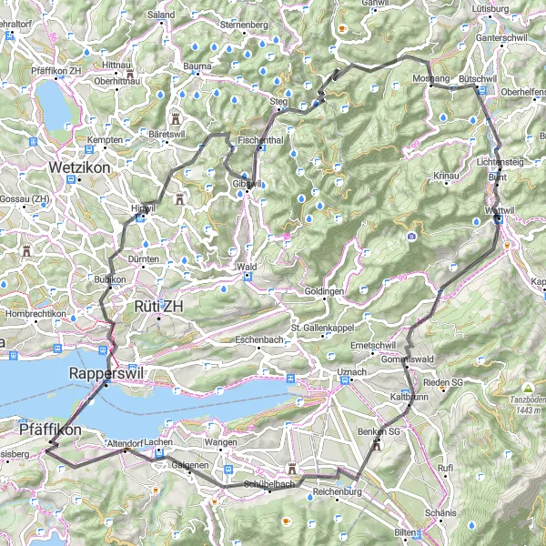 Miniature de la carte de l'inspiration cycliste "Découverte des vallées suisses" dans la Ostschweiz, Switzerland. Générée par le planificateur d'itinéraire cycliste Tarmacs.app