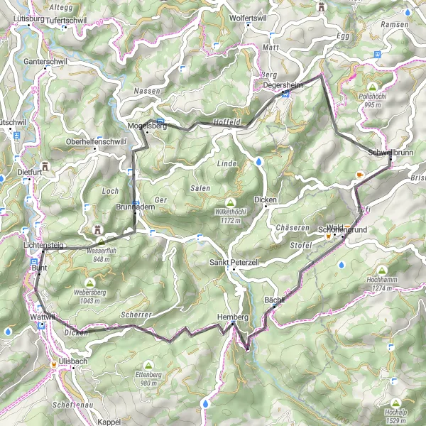 Miniature de la carte de l'inspiration cycliste "Balade à vélo de Wattwil à Schönengrund" dans la Ostschweiz, Switzerland. Générée par le planificateur d'itinéraire cycliste Tarmacs.app