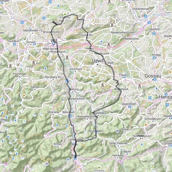 Map miniature of "Braunau Adventure" cycling inspiration in Ostschweiz, Switzerland. Generated by Tarmacs.app cycling route planner
