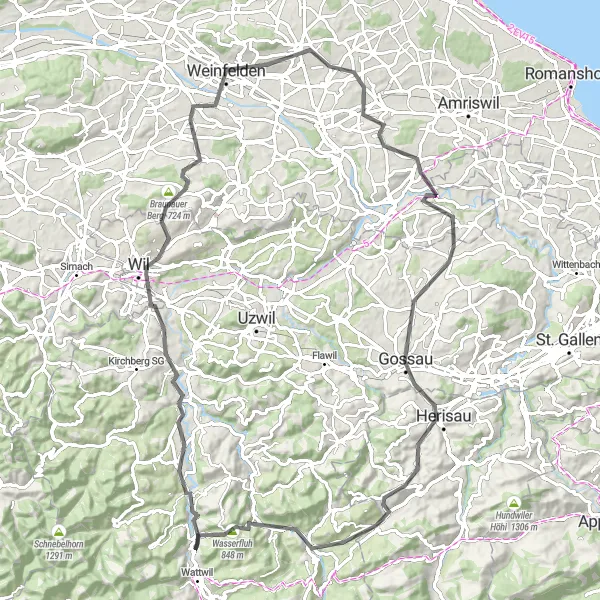 Kartminiatyr av "Landlige sykkeleventyr i Ostschweiz" sykkelinspirasjon i Ostschweiz, Switzerland. Generert av Tarmacs.app sykkelrutoplanlegger