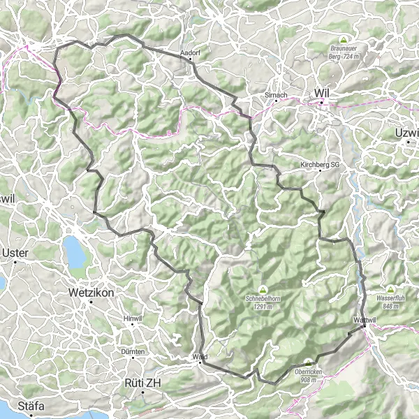 Map miniature of "Wattwil - Elsau - Hackenberg - Lichtensteig Loop" cycling inspiration in Ostschweiz, Switzerland. Generated by Tarmacs.app cycling route planner