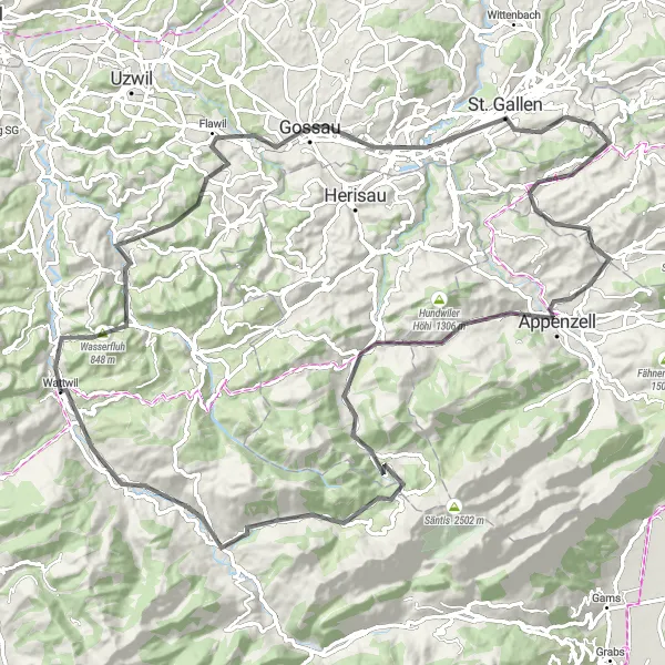 Map miniature of "Wattwil - Appenzell - Schwägalp - Lichtensteig Loop" cycling inspiration in Ostschweiz, Switzerland. Generated by Tarmacs.app cycling route planner