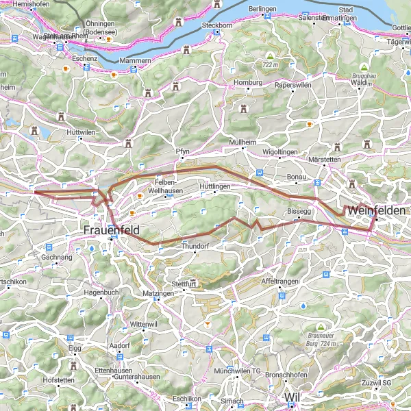 Miniatua del mapa de inspiración ciclista "Ruta de ciclismo de grava Weinfelden-Thundorf" en Ostschweiz, Switzerland. Generado por Tarmacs.app planificador de rutas ciclistas