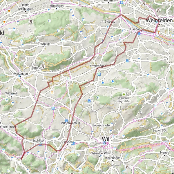 Miniatua del mapa de inspiración ciclista "Ruta de ciclismo de grava Bussnang-Amlikon" en Ostschweiz, Switzerland. Generado por Tarmacs.app planificador de rutas ciclistas