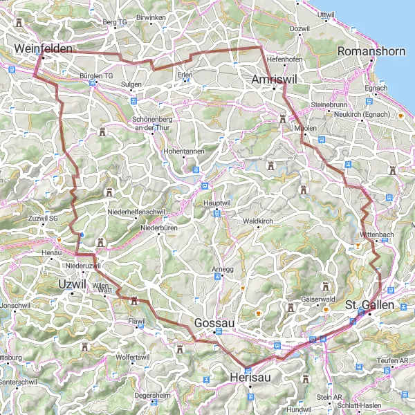 Map miniature of "Gravel Route through Erlen and Herisau" cycling inspiration in Ostschweiz, Switzerland. Generated by Tarmacs.app cycling route planner