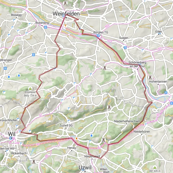 Zemljevid v pomanjšavi "Gravel Runda skozi vasi in griče" kolesarske inspiracije v Ostschweiz, Switzerland. Generirano z načrtovalcem kolesarskih poti Tarmacs.app