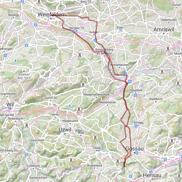 Miniatuurkaart van de fietsinspiratie "Off-road avontuur naar Schloss Weinfelden" in Ostschweiz, Switzerland. Gemaakt door de Tarmacs.app fietsrouteplanner