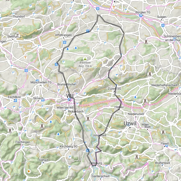 Miniatua del mapa de inspiración ciclista "Ruta a través de Weinfelden y sus alrededores" en Ostschweiz, Switzerland. Generado por Tarmacs.app planificador de rutas ciclistas